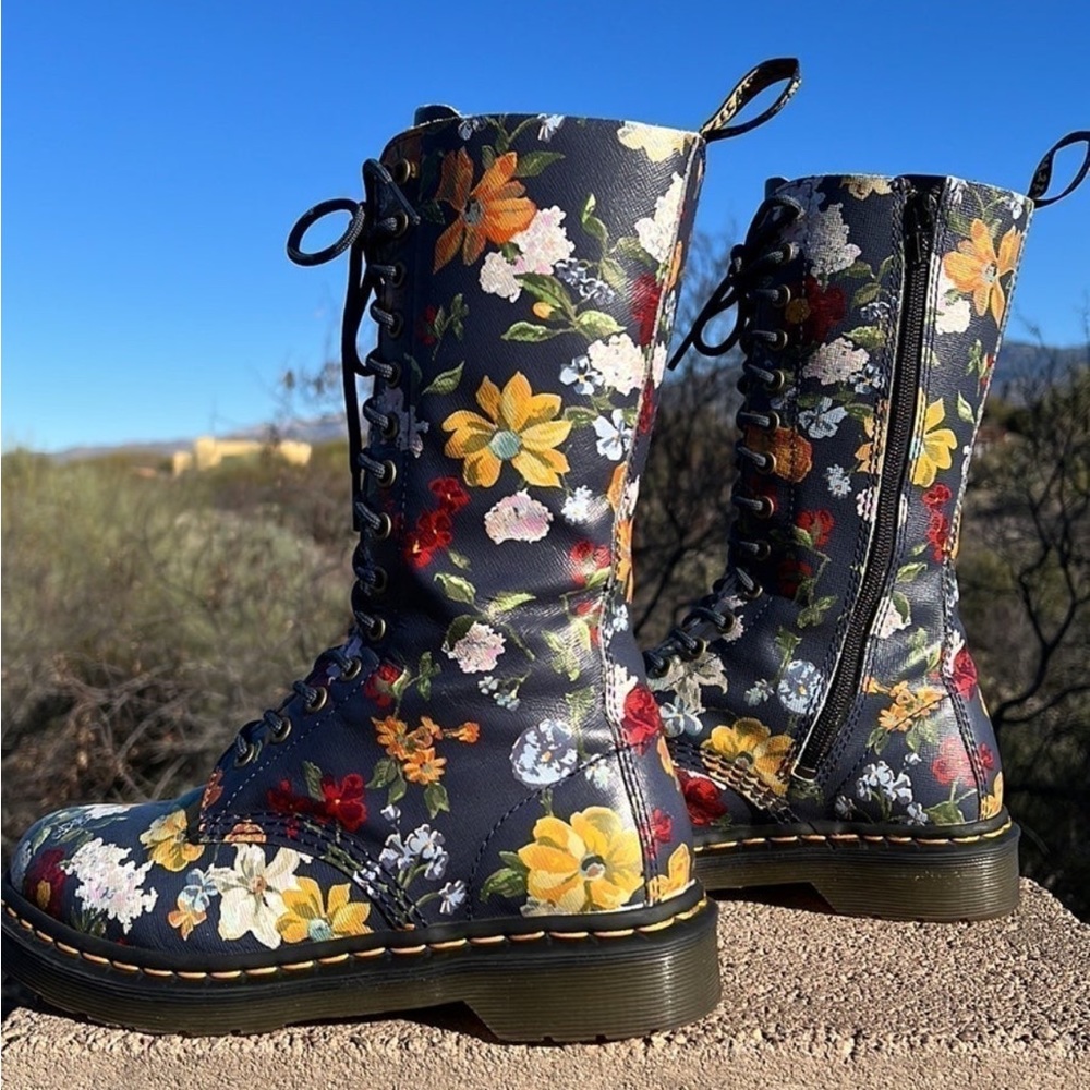 Dr. Martens Slate Gray Blue Floral Tall 14 Eye Lace Up Darcy Boots